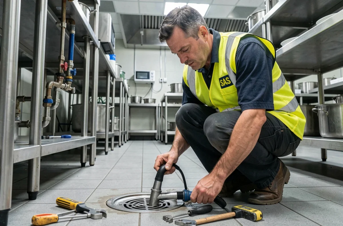 Technicien de Lecat Gilles SAS réparant un drain de sol dans une cuisine professionnelle dans la Somme
