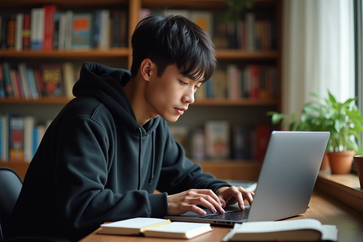Jeune homme lisant des scans de manga sur un ordinateur portable entouré de volumes physiques sur un bureau en bois