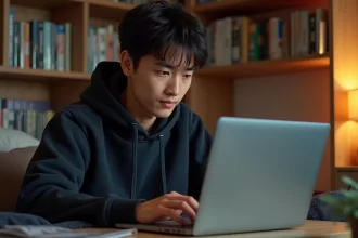 Jeune homme lisant des mangas en ligne sur un site de lecture comme Crunchyscan ou Mangas-origines, assis à son bureau avec un laptop