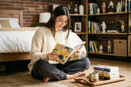 Jeune femme lisant un manga onepiece scan dans sa chambre cosy sans spoilers