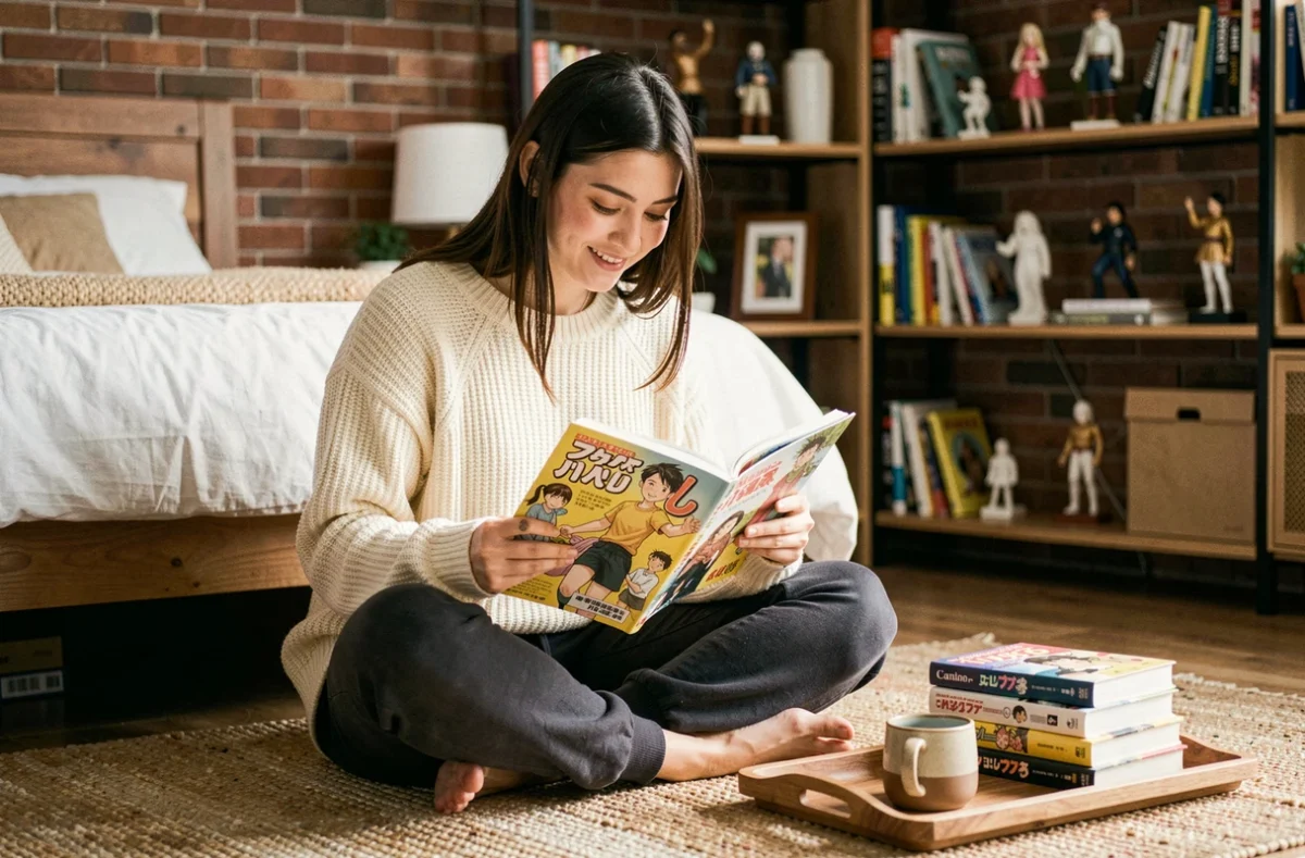 Jeune femme lisant un manga onepiece scan dans sa chambre cosy sans spoilers