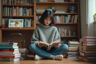 Jeune femme lisant un manga rare entourée de piles de volumes japonais dans une chambre d'appartement cosy