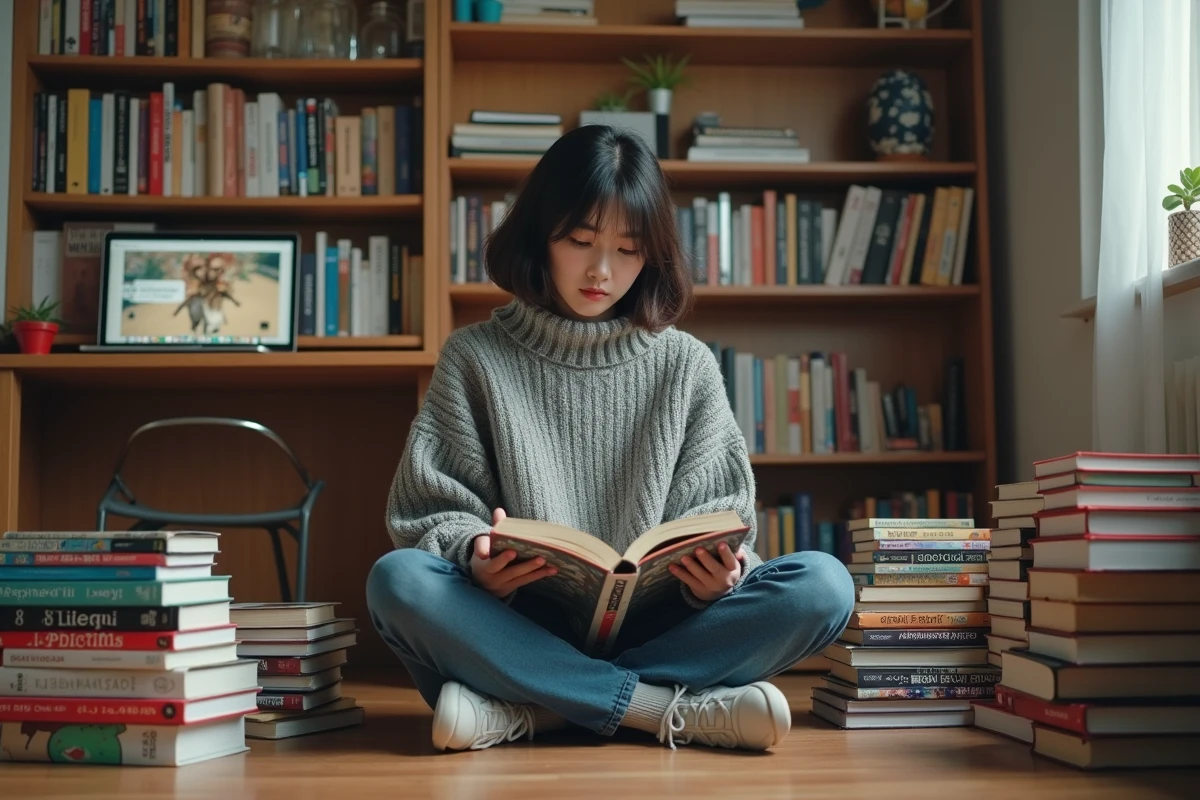 Jeune femme lisant un manga rare entourée de piles de volumes japonais dans une chambre d'appartement cosy
