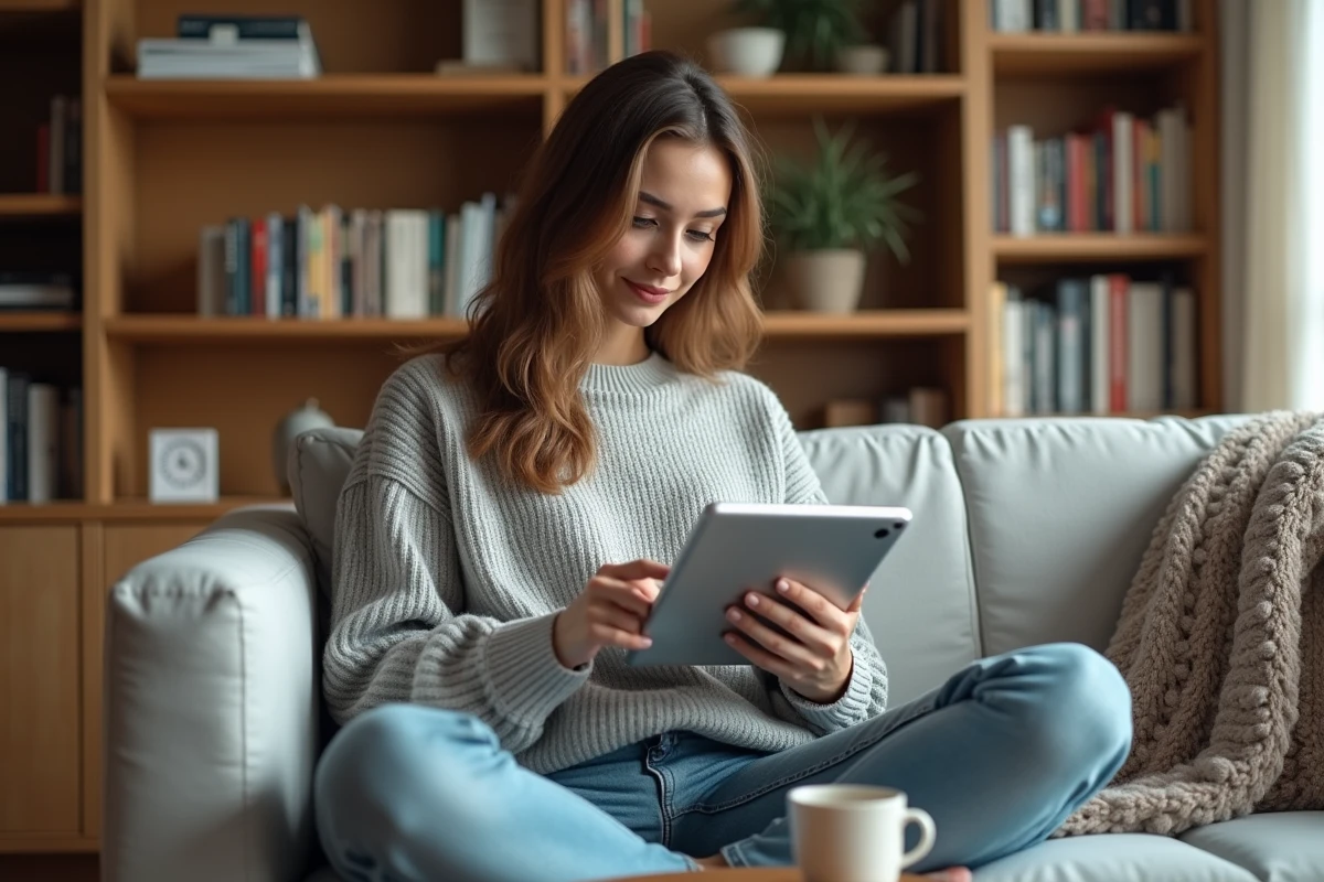 Jeune femme lisant un manga en ligne sur une tablette dans un appartement cosy, illustrant la lecture numérique sur Epsilon Scan FR