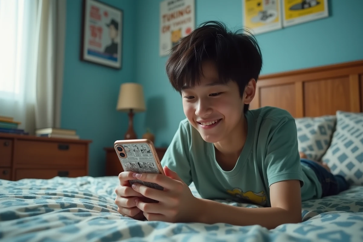 Adolescent lisant un scan de manga sur smartphone allongé sur son lit, évoquant la lecture mobile sur Epsilon Scan FR