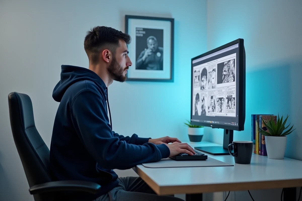 Homme lisant des scans de manga sur un écran d'ordinateur dans un bureau à domicile, représentant l'accès à Epsilon Scan FR depuis un PC