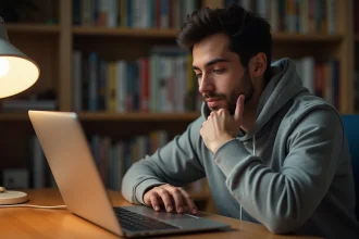 Jeune homme lisant des scans manga sur un ordinateur portable dans un bureau cosy entouré de volumes manga