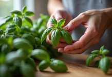 Mains cueillant du basilic frais sur un plan de travail