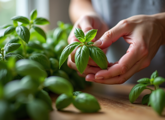 Mains cueillant du basilic frais sur un plan de travail