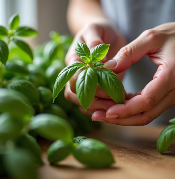Mains cueillant du basilic frais sur un plan de travail