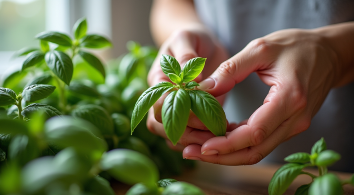Mains cueillant du basilic frais sur un plan de travail