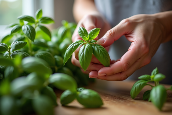 Mains cueillant du basilic frais sur un plan de travail