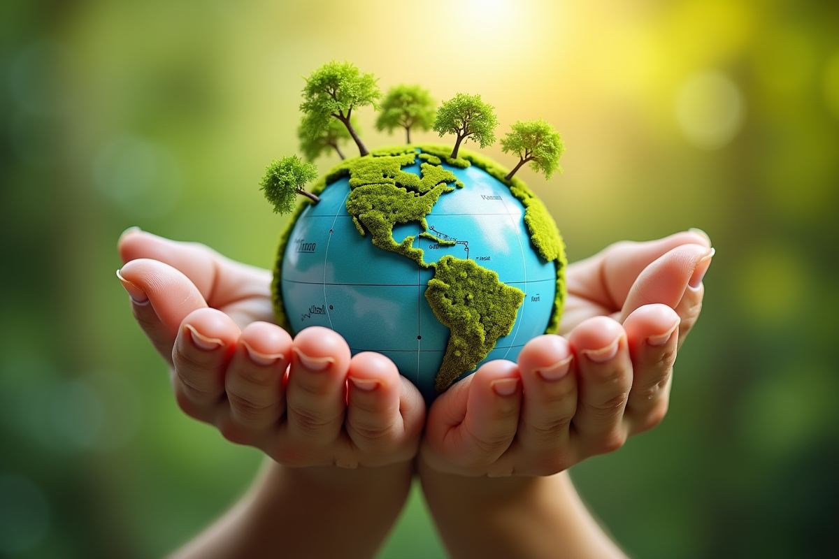 Mains tenant un globe avec des plantes symbolisant la durabilite