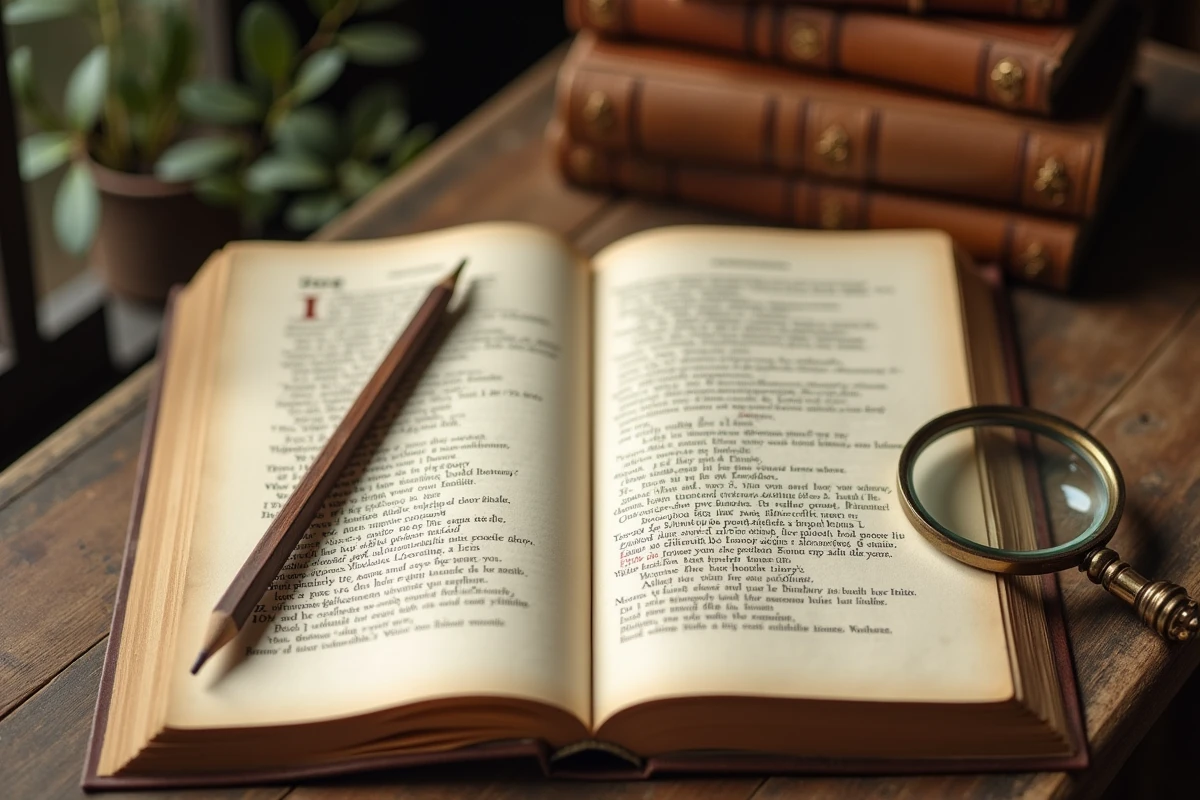 Manuscrit poétique avec rimes en o et assonances annotées à la main sur une table rustique