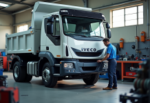 Mécanicien inspectant un camion Iveco blanc en atelier propre