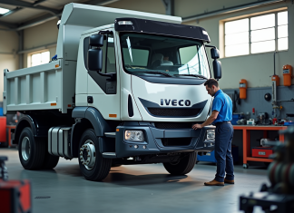 Comment entretenir votre camion-benne 3,5 t d’occasion Iveco pour une longévité optimale Mécanicien inspectant un camion Iveco blanc en atelier propre