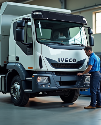 Mécanicien inspectant un camion Iveco blanc en atelier propre