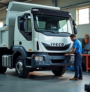 Comment entretenir votre camion-benne 3,5 t d’occasion Iveco pour une longévité optimale Mécanicien inspectant un camion Iveco blanc en atelier propre