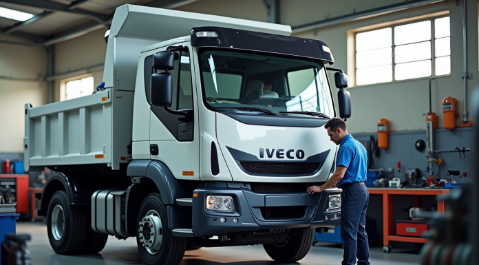 Mécanicien inspectant un camion Iveco blanc en atelier propre
