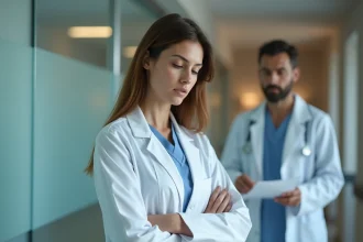 Médecin femme en blouse blanche dans un couloir d'hôpital, exprimant une tension professionnelle face à un collègue masculin en arrière-plan flou