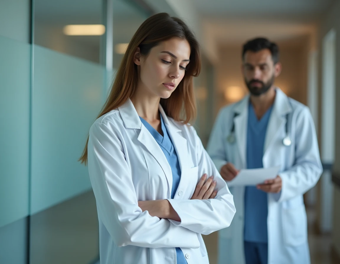 Médecin femme en blouse blanche dans un couloir d'hôpital, exprimant une tension professionnelle face à un collègue masculin en arrière-plan flou