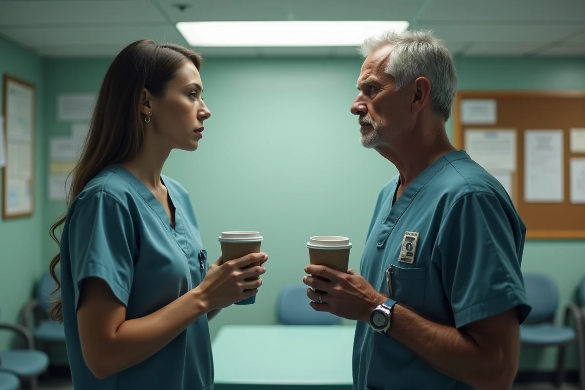 Deux médecins en salle de pause hospitalière dans une atmosphère tendue, illustrant la relation complexe entre Cameron et House dans la série
