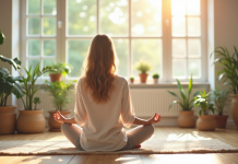 Femme détendue pratiquant la méditation dans un salon lumineux