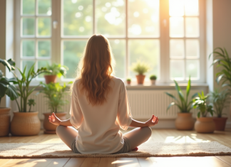 Femme détendue pratiquant la méditation dans un salon lumineux