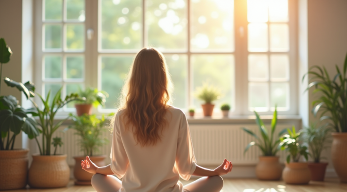 Femme détendue pratiquant la méditation dans un salon lumineux