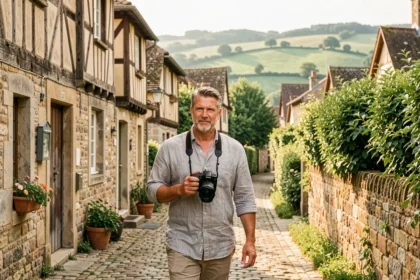 Photographe professionnel se promenant dans un village normand typique de l'Eure avec son appareil photo