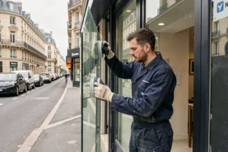 Vitrier professionnel posant une grande vitre sur une devanture commerciale dans les Yvelines