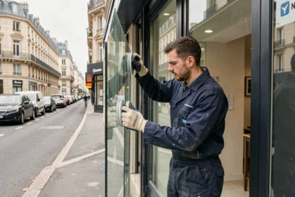 Vitrier professionnel posant une grande vitre sur une devanture commerciale dans les Yvelines