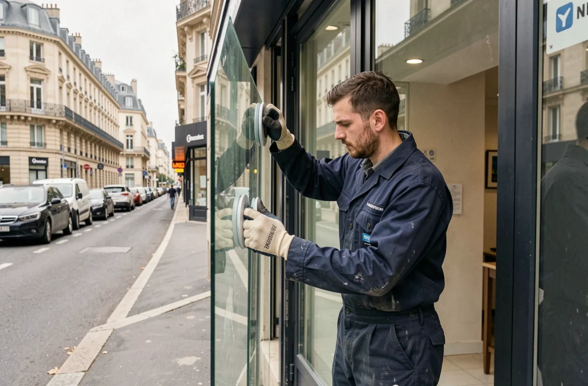Vitrier professionnel posant une grande vitre sur une devanture commerciale dans les Yvelines