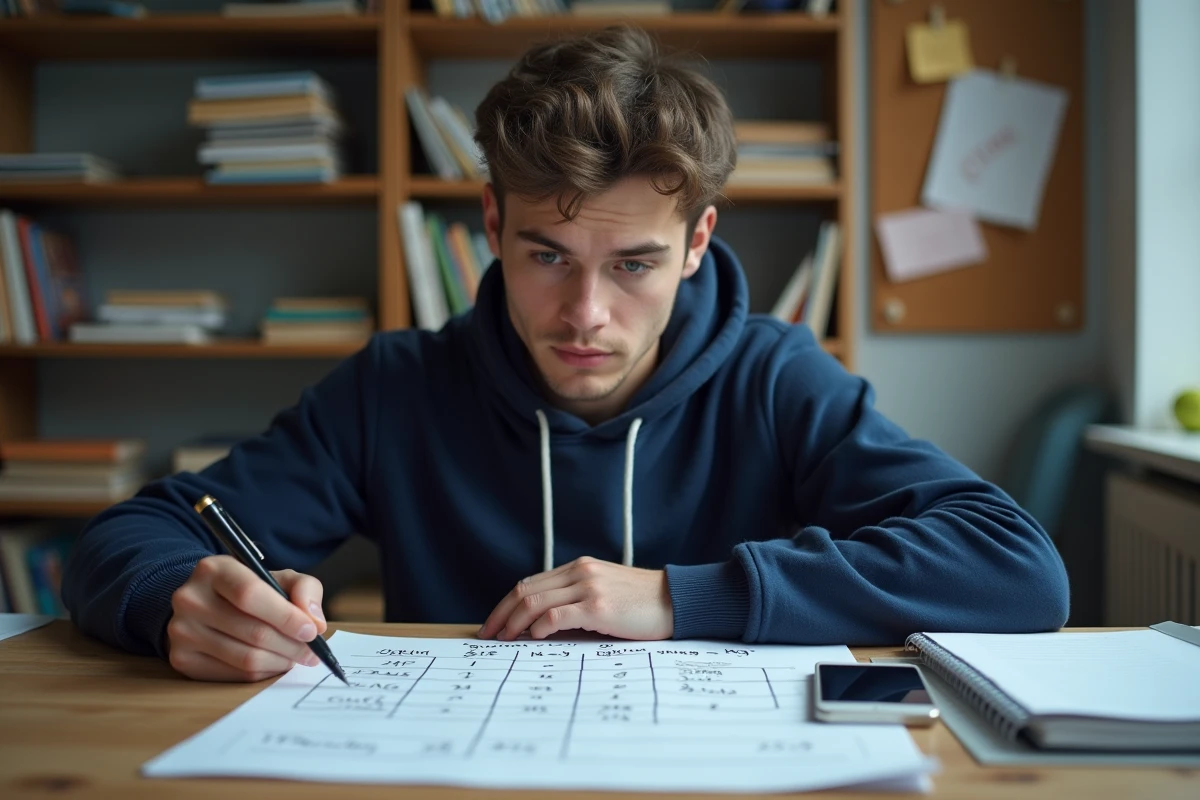 Étudiant consultant un mémo de conversion grammes kilogrammes posé sur un bureau avec des notes de cours