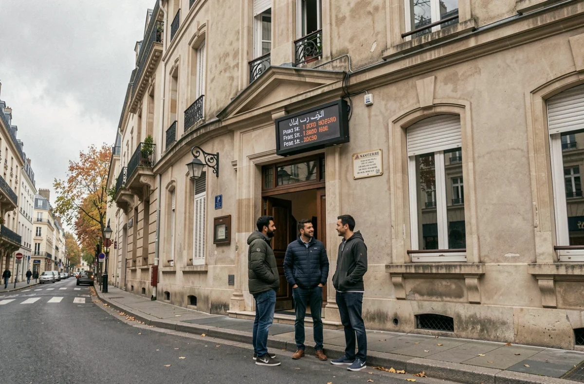 Façade d'une mosquée de Nanterre avec tableau des horaires de prière et fidèles à l'entrée