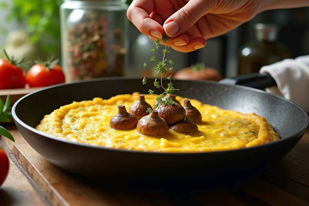 Omelette dorée avec girolles et herbes dans une poêle