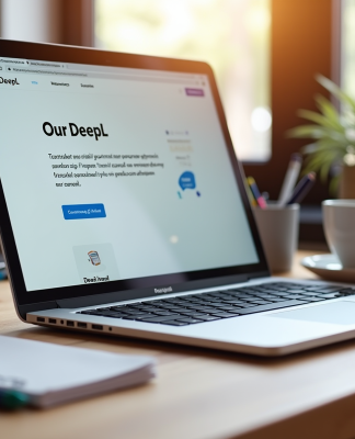 Ordinateur portable sur un bureau en bois avec site de traduction DeepL