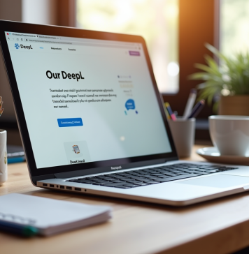 Utiliser DeepL : le traducteur en ligne le plus performant pour des traductions de qualité Ordinateur portable sur un bureau en bois avec site de traduction DeepL