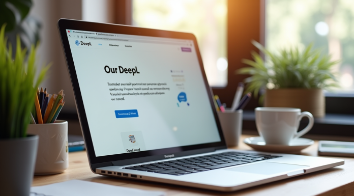 Ordinateur portable sur un bureau en bois avec site de traduction DeepL