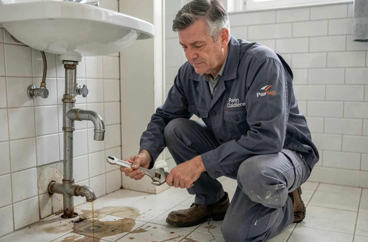 Plombier Parin Claidière intervenant sur une fuite d'eau dans une salle de bain résidentielle dans la Somme