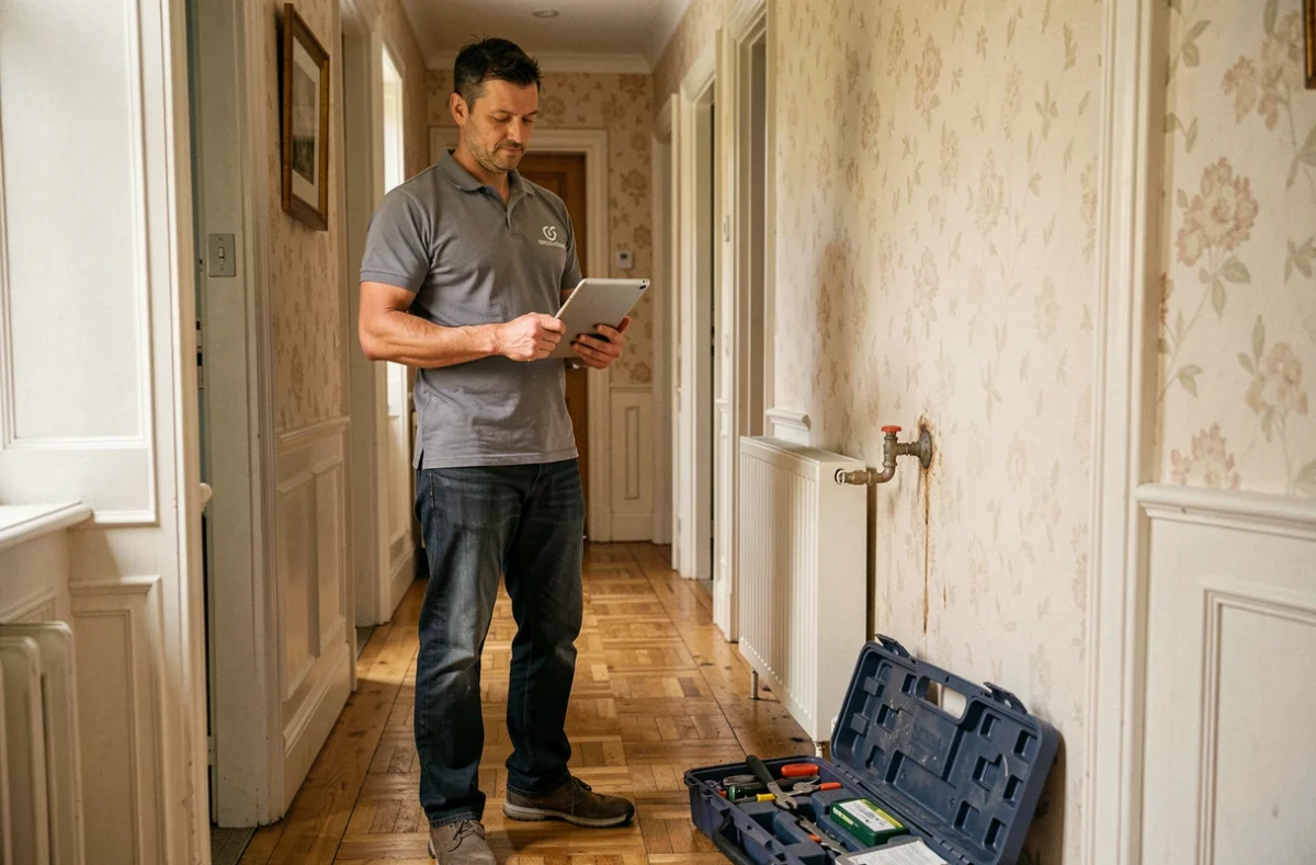 Stéphane Parquet, plombier indépendant, diagnostiquant une fuite de radiateur dans un couloir de maison particulière dans la Somme
