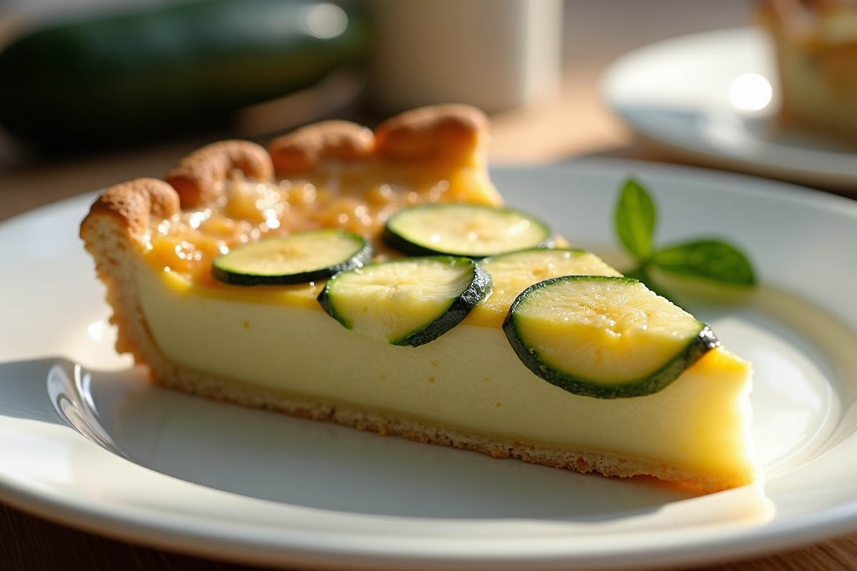 Une tranche de tarte à la courgette servie sur une assiette blanche