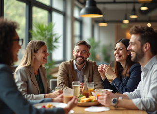 Groupe d'employes riant lors d'une pause déjeuner en bureau