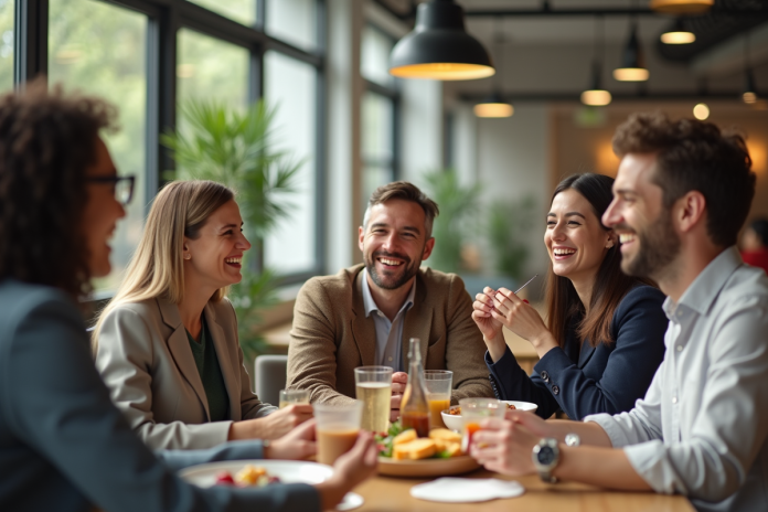 pause-dejeuner-bureau Groupe d'employes riant lors d'une pause déjeuner en bureau