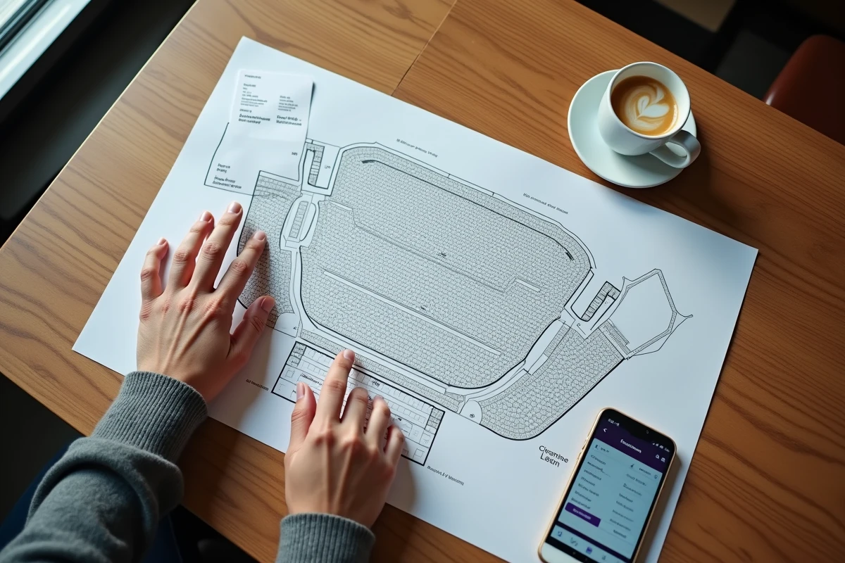 Plan de salle de cinéma imprimé sur une table avec un billet et un café, pour choisir les meilleures places