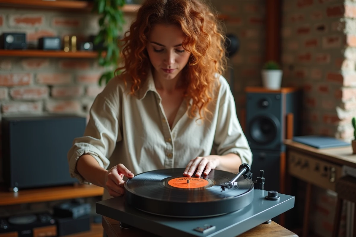 Femme posant un vinyle 30 cm sur une platine vinyle pour une lecture optimale du son