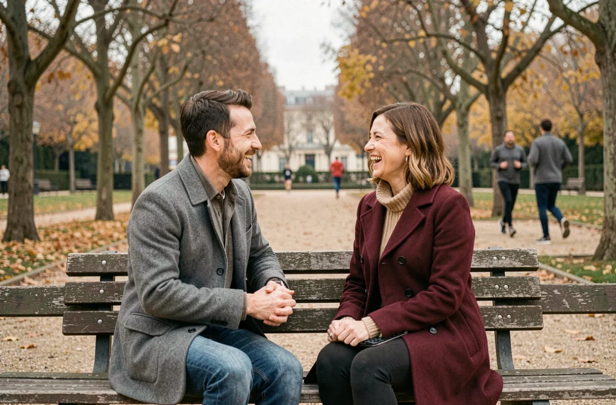 Première rencontre entre deux personnes dans un parc parisien suite à une mise en relation sur un site de rencontre gratuit