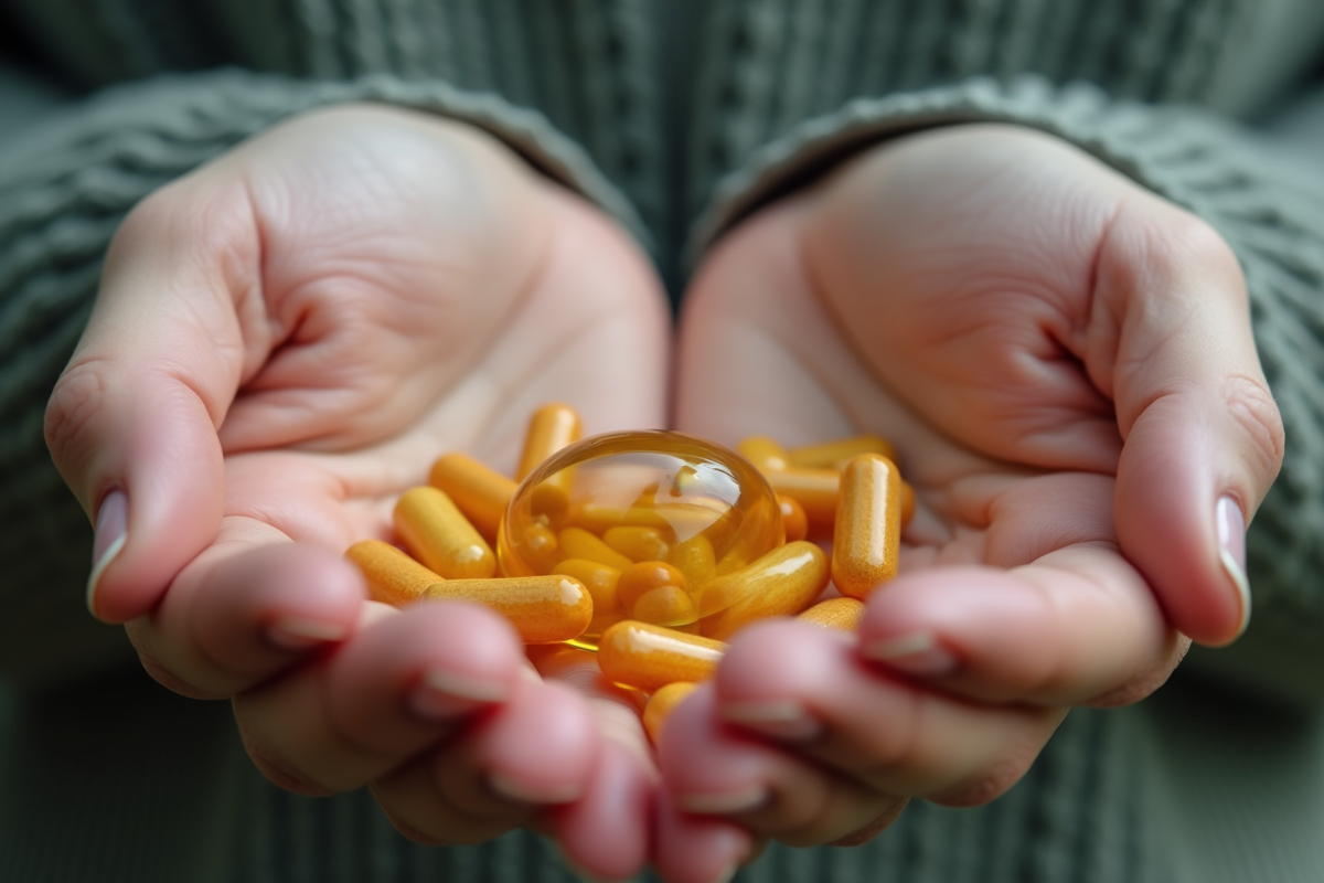 Mains tenant une capsule de vitamine avec un verre d