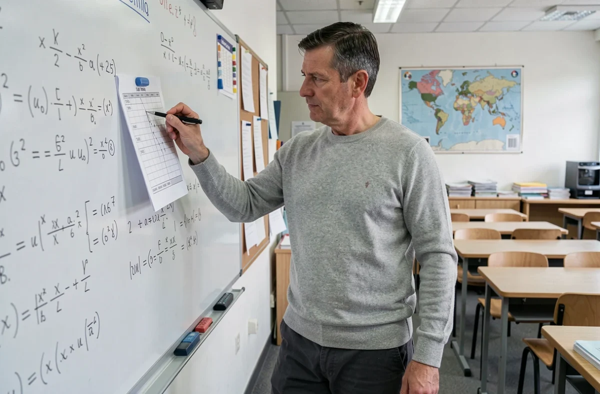 Professeur certifié tenant une grille indiciaire de salaire devant un tableau de classe