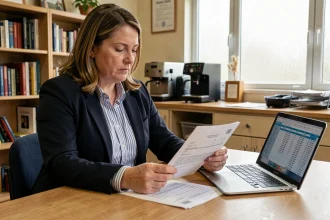Professeure certifiée examinant sa grille de salaire et sa fiche de paie dans la salle des professeurs